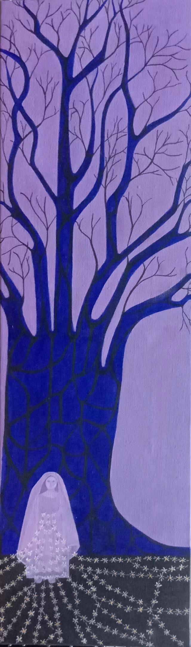 2026 Árbol azul y suelo con margaritas 73x22 Óleo sobre lienzo